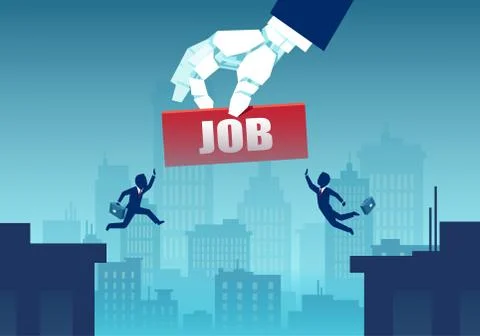 Vector of a businessmen falling down the cliff being replaced by robot Stock Illustration