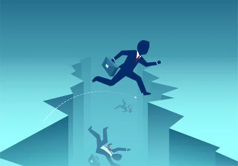 Vector of a businessmen jumping over gap one overcoming obstacle, the rest fa Stock Illustration