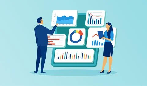 Vector of businesspeople analysing internet data Illustrazione stock