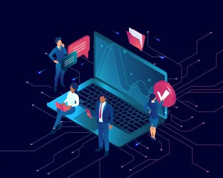 Vector of a businesspeople analyzing internet data on laptop computer Illustrazione stock