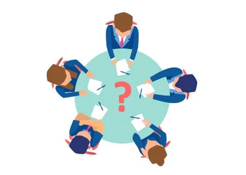Vector of businesspeople sitting at the round table, brainstorming, solving a 스톡 일러스트
