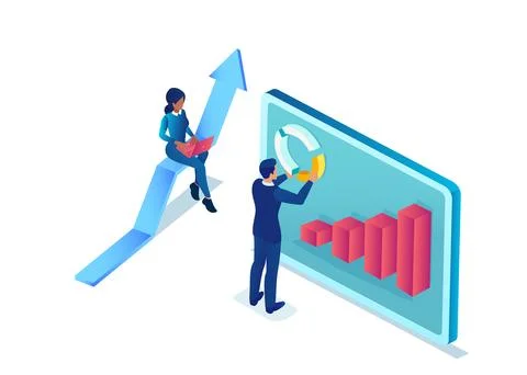Vector of businesspeople using mobile gadgets to analyze financial data 스톡 일러스트