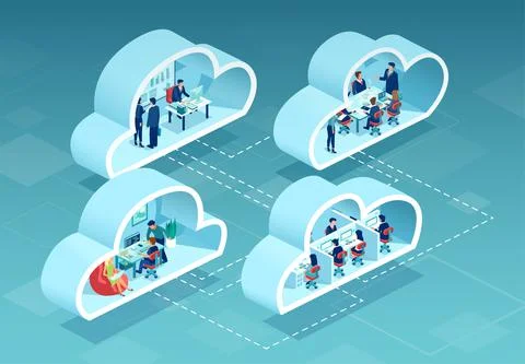 Vector of businesspeople working in offices using cloud data storage service Stock Illustration