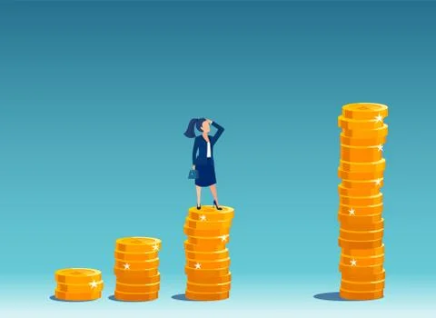 Vector of a businesswoman standing on a growing up stack of coins thinking ho Stock Illustration