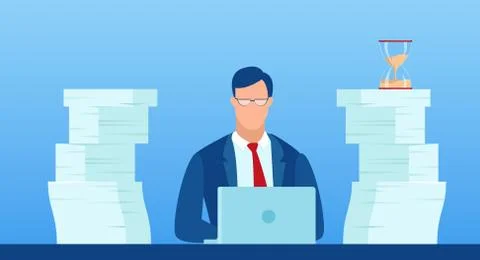 Vector of a busy business man working at his desk pressured by deadline Stock Illustration