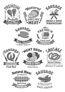 Vector butchery meat and sausages shop icons set Stock Illustration