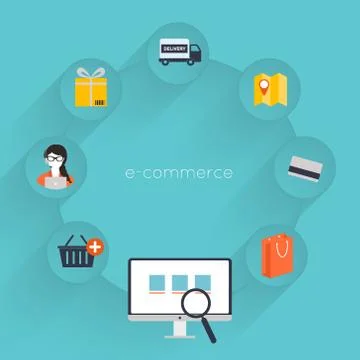 Vector buying online and e-commerce poster concept with icons Stock Illustration