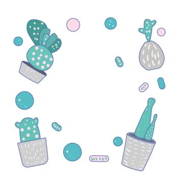 Vector cactus design frame.  Houseplant border composition in doodle style. イラスト素材