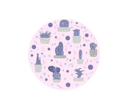 Vector cactus design round composition.  Houseplant circle badge in doodle st イラスト素材