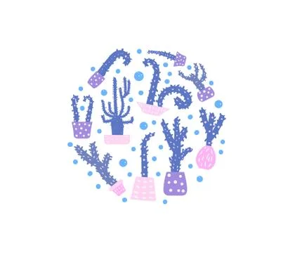 Vector cactus design round set.  Houseplant composition in doodle style. イラスト素材