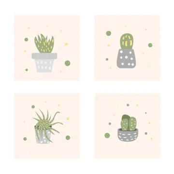 Vector cactus design set.  4 houseplant compositions in doodle style. Stock Illustration
