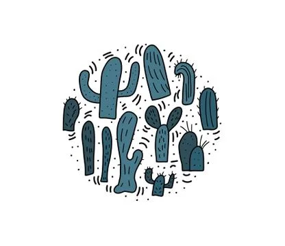 Vector cactus design set.  Circle composition in doodle style. Illustrazione stock