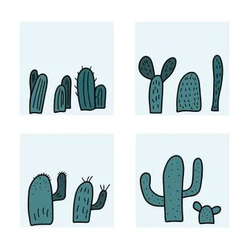 Vector cactus design set.  Collection of square composition in doodle style. イラスト素材