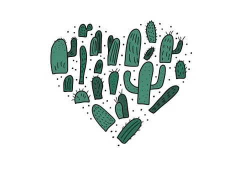 Vector cactus design set.  Heart composition in doodle style. Stockillustratie