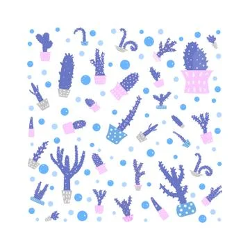 Vector cactus design set.  Houseplant square composition in doodle style. Illustrazione stock