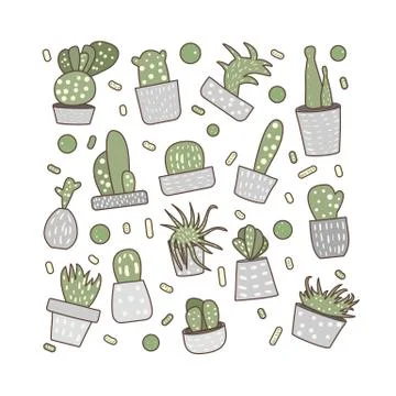 Vector cactus design set.  Houseplant collection square composition in doodle 스톡 일러스트