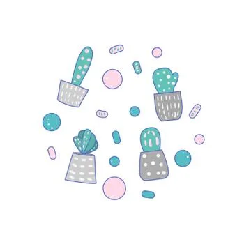 Vector cactus design set.  Houseplant composition in doodle style. Stock Illustration