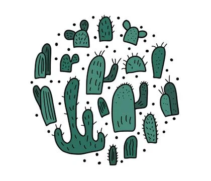 Vector cactus design set.  Round composition in doodle style. Stockillustratie