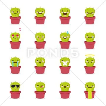Vector cactus emoji set. Funny succulent emoticons. Stock Illustration