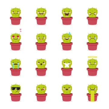 Vector cactus emoji set. Funny succulent emoticons. Stock Illustration