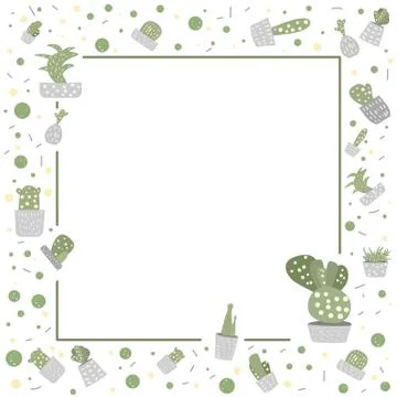 Vector cactus frame template.  Houseplant square border composition in doodle Illustrazione stock