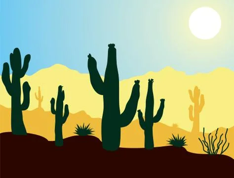Vector cactus plants and mountains in desert Stock Illustration