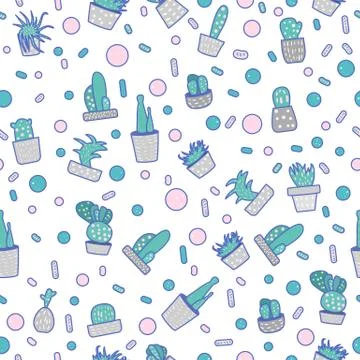 Vector cactus seamless pattern.  Houseplant background in doodle style. イラスト素材