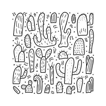 Vector cactus set with black and white design.  Square composition in doodle  Illustrazione stock