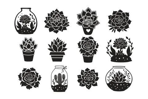 Vector cactus succulent silhouette set cutout nature black flower in a pot Stock Illustration