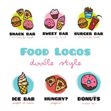Vector cafe logos collection. Funny doodle style symbols for fast food restau Stock Illustration