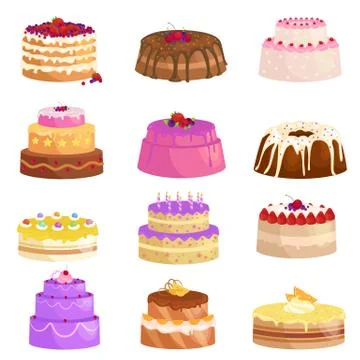 Vector cake icon set, Birthday food, sweet dessert, isolated illustration. Stock Illustration