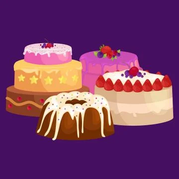 Vector cake icon set, Birthday food, sweet dessert, isolated illustration. Stock Illustration