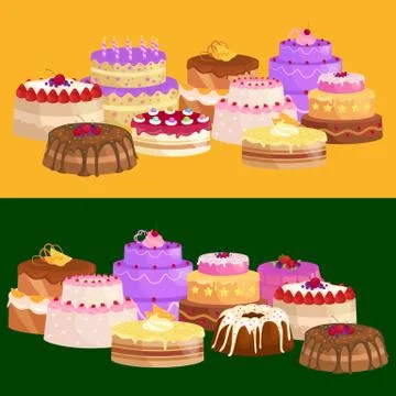 Vector cake icon set, Birthday food, sweet dessert, isolated illustration. Stock Illustration