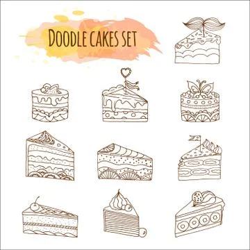 Vector cake illustration. Doodle cakes with cream and berries Stock Illustration