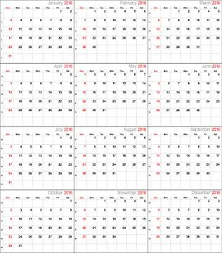 Vector calendar for 2016 Stock Illustration