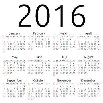 Vector calendar 2016, Sunday Stock Illustration