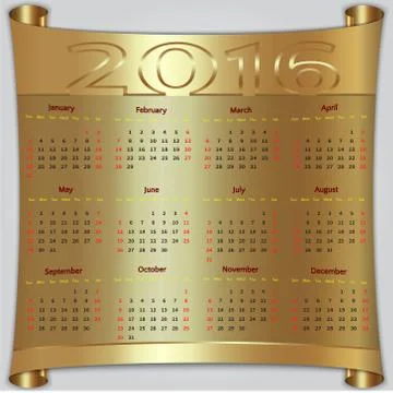 Vector calendar for 2016 year, gold metallic scroll Stock Illustration
