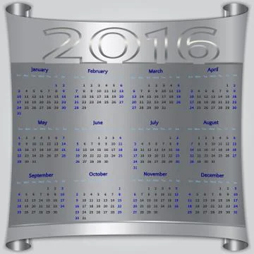 Vector calendar for 2016 year, silver metallic scroll Illustrazione stock