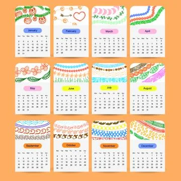 Vector calendar for 2017. Set of 12 months, 12 Doodle patterns Stock Illustration