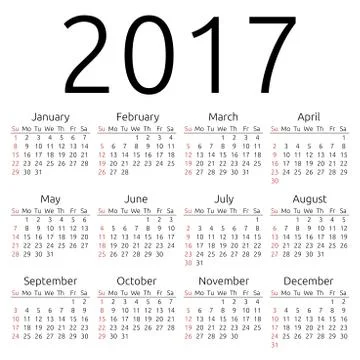 Vector calendar 2017, Sunday Stock Illustration