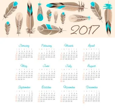 Vector Calendar 2017 year with feathers Stock Illustration