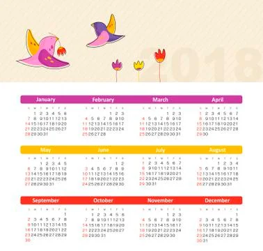 Vector Calendar 2018 with bird. Week Starts Sunday Stock Illustration