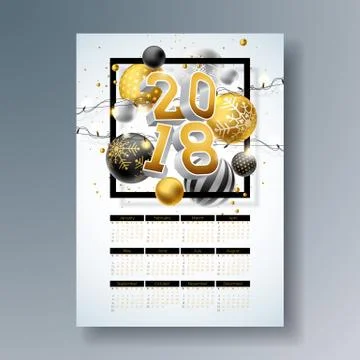 Vector Calendar 2018 Template Illustration with Gold 3d Number, Christmas Ball Stock Illustration