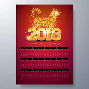 Vector Calendar 2018 Template Illustration with Gold 3d Number, Christmas Ball Stock Illustration