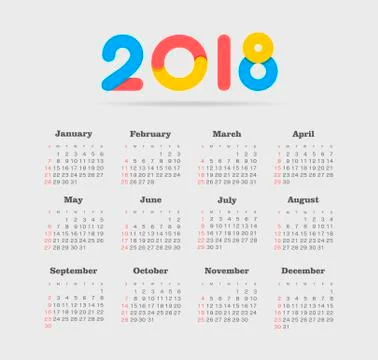 Vector Calendar 2018 year. Week Starts Sunday Stock Illustration