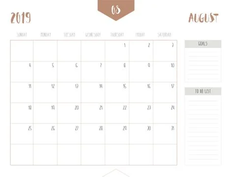 Vector of calendar 2019 ( August ) in simple clean table style with goals and Stock Illustration