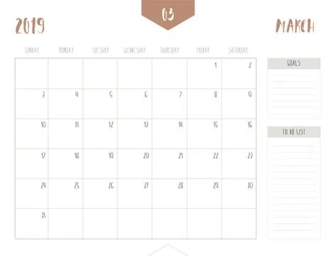 Vector of calendar 2019 ( March ) in simple clean table style with goals and  Stock Illustration