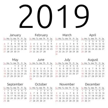 Vector calendar 2019, Sunday Stock Illustration