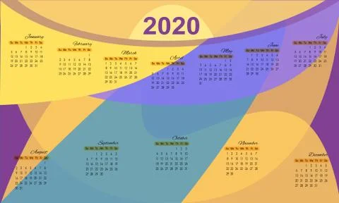 Vector calendar 2020 on the geometric imposition of translucant colors backgr Stock Illustration