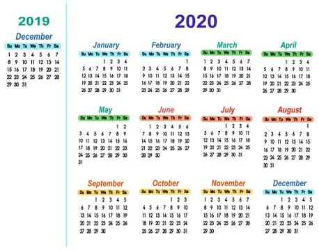 Vector calendar 2020 with one month 2019 december Stock Illustration